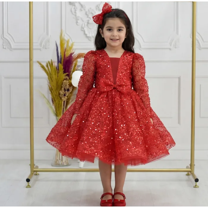 Kız Çocuk Kırmızı Taşlı Boncuklu Kabarık Uzun Kol Parıltılı Elbise