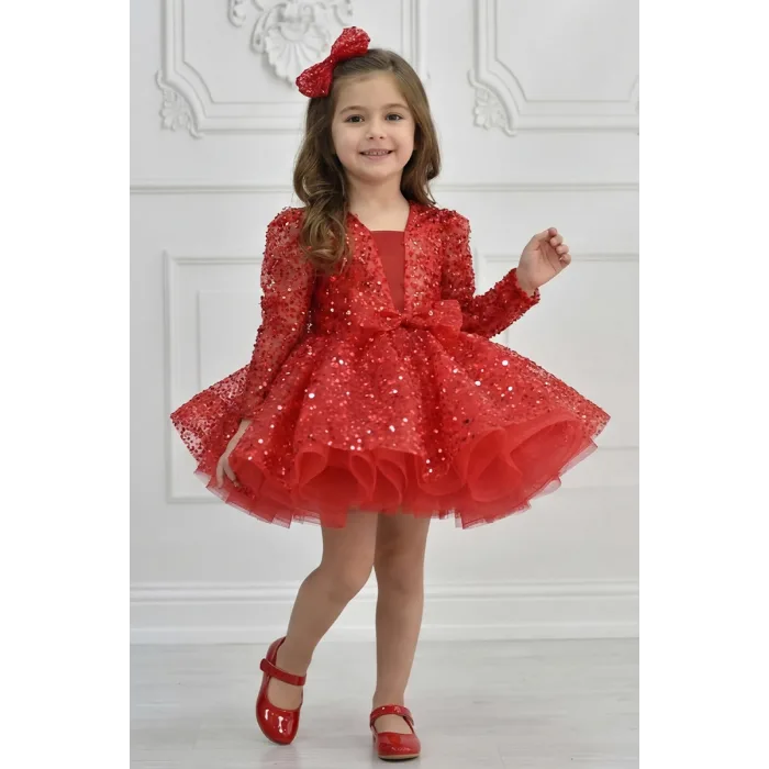 Kız Çocuk Kırmızı Taşlı Boncuklu Kabarık Uzun Kol Parıltılı Elbise