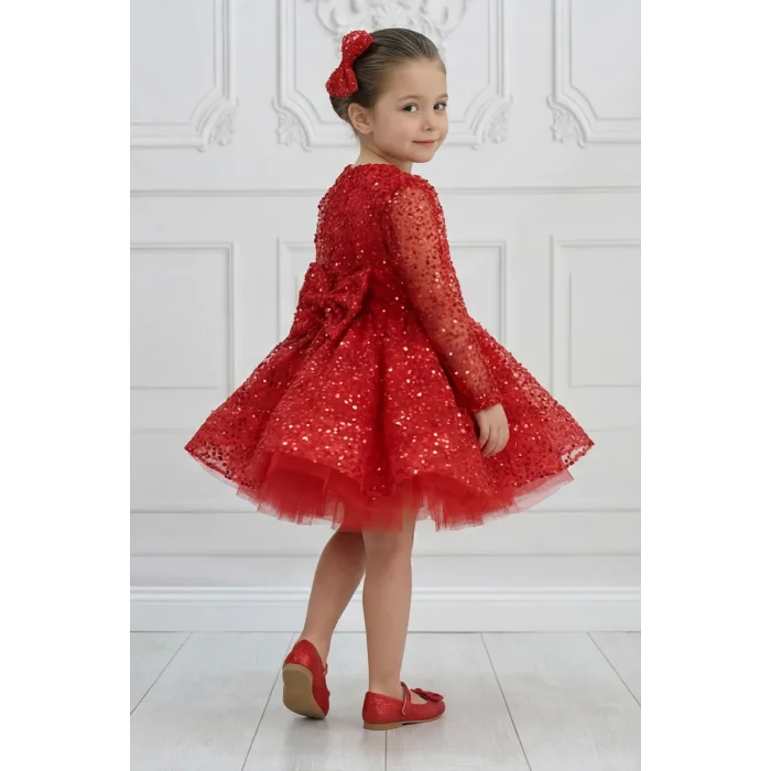 Kız Çocuk Kırmızı Taşlı Boncuklu Kabarık Uzun Kol Parıltılı Elbise
