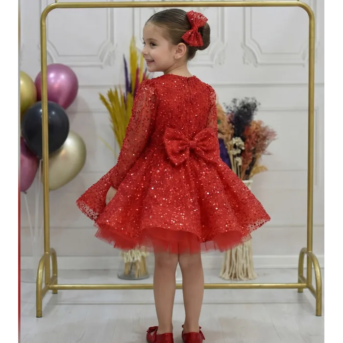 Kız Çocuk Kırmızı Taşlı Boncuklu Kabarık Uzun Kol Parıltılı Elbise