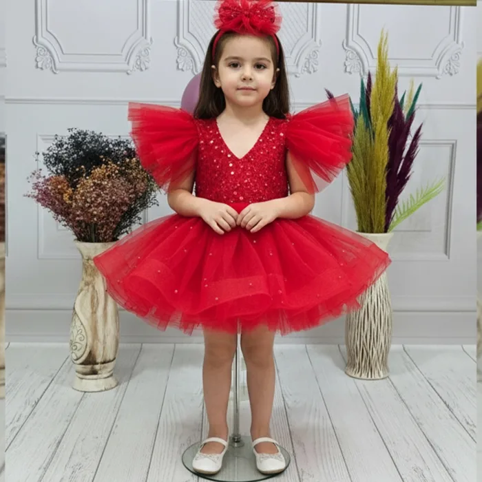 Kız Çocuk Kırmızı Taşlı ve Boncuk İşlemeli Kelebek Omuz Elbise