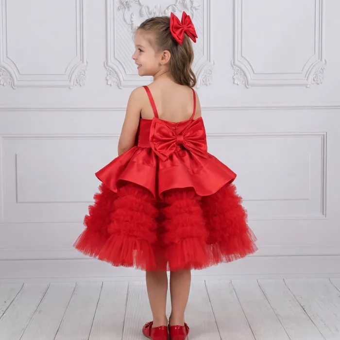 Kız Çocuk Kırmızı Tütül Etek Büzgülü Gelinlik Abiye