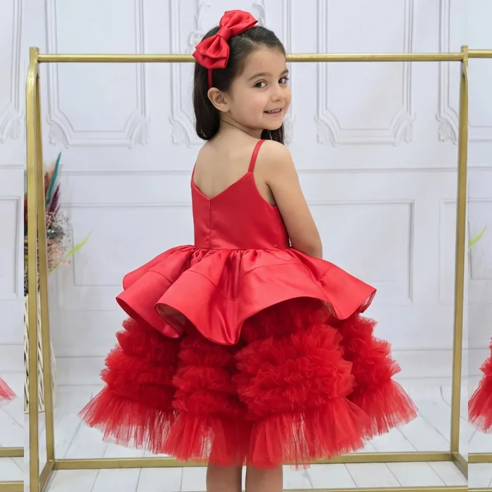 Kız Çocuk Kırmızı Tütül Etek Büzgülü Gelinlik Abiye