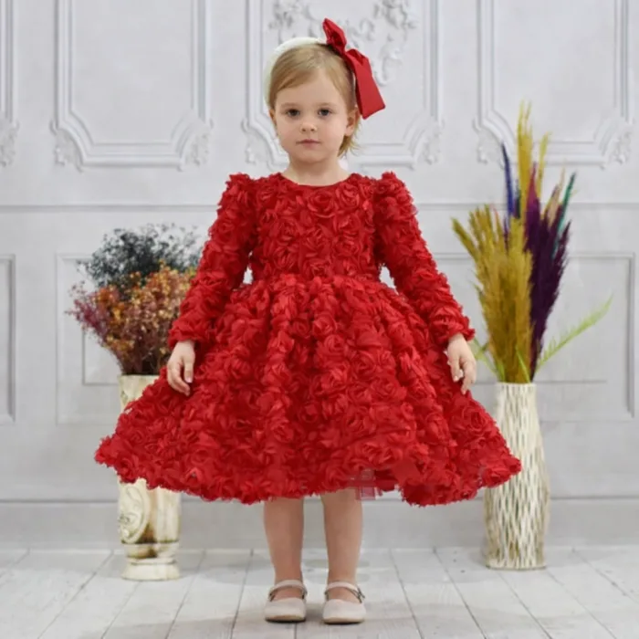 Kız Çocuk Kırmızı Uzun Kol Gül Detaylı Kabarık Elbise