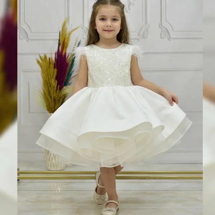 Kız Çocuk Krem Boncuklu Kabarık Elbise Abiye Gelinlik