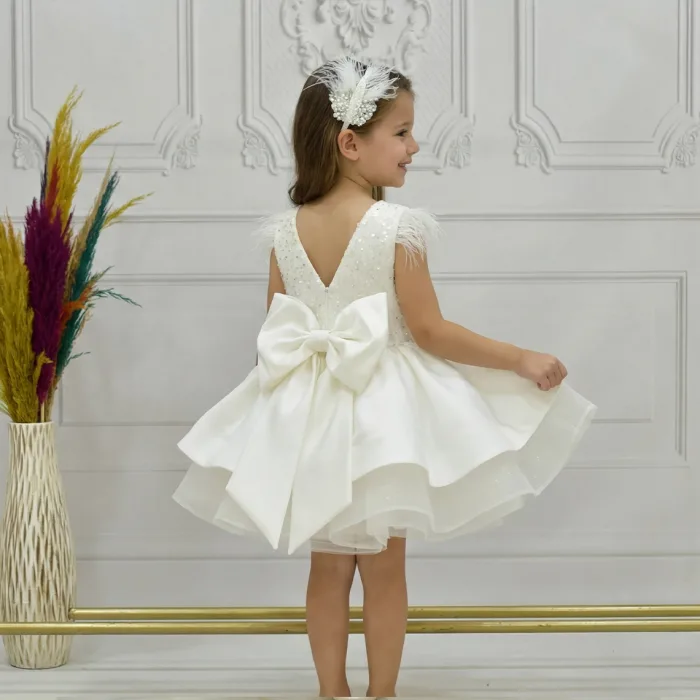 Kız Çocuk Krem Boncuklu Kabarık Elbise Abiye Gelinlik