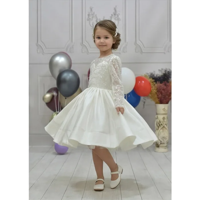 Kız Çocuk Krem Boncuklu Payetli Kabarık Elbise