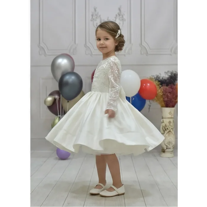 Kız Çocuk Krem Boncuklu Payetli Kabarık Elbise