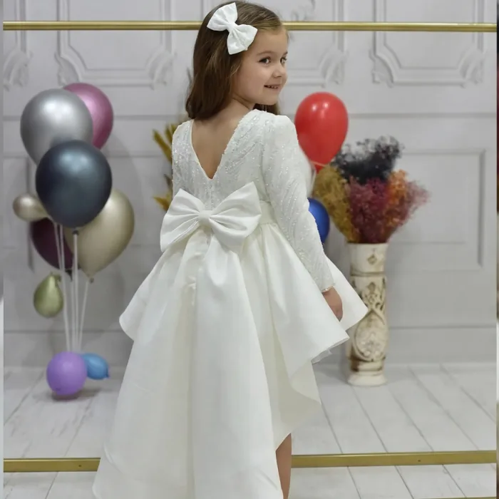 Kız Çocuk Krem Boncuklu Uzun Kol Kuyruklu Abiye Elbise