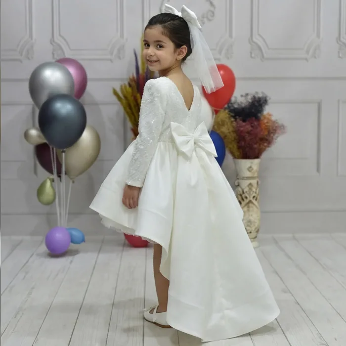 Kız Çocuk Krem Boncuklu Uzun Kol Kuyruklu Abiye Elbise