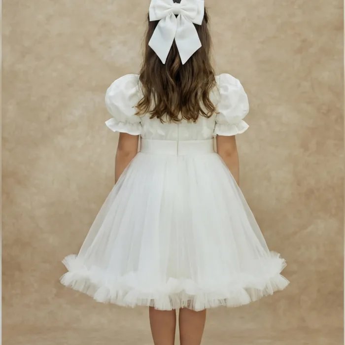 kız Çocuk Krem Çiçek Detaylı Kol Incili Prenses Kabarık Elbise