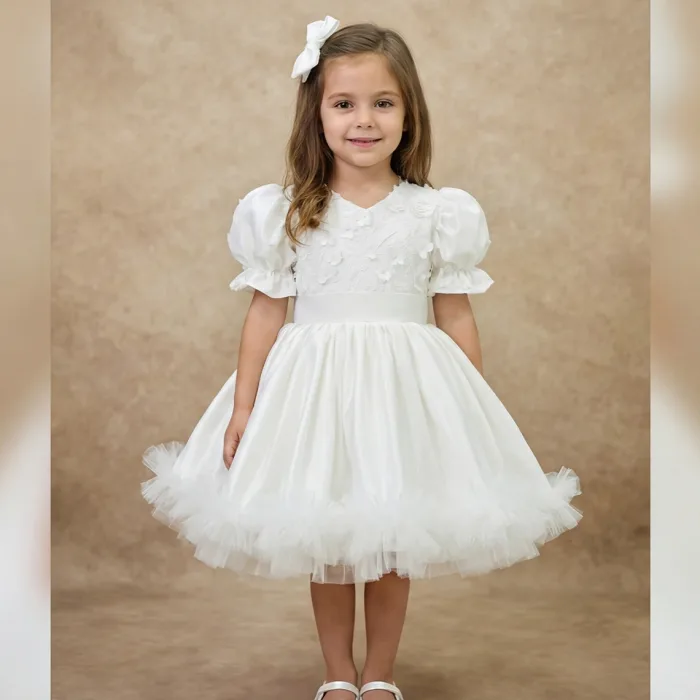 kız Çocuk Krem Çiçek Detaylı Kol Incili Prenses Kabarık Elbise