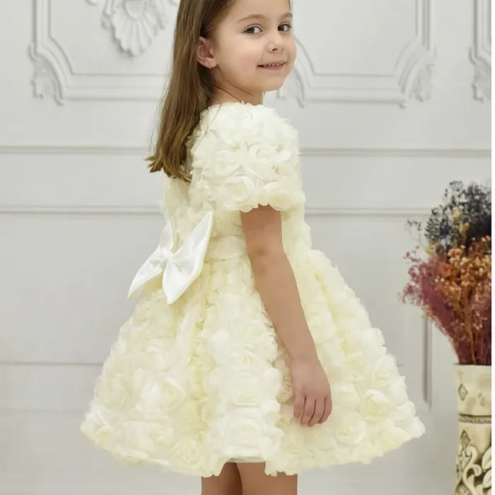 Kız Çocuk Krem Gül 3D Desenli Kısa Balon Kol Kabarık Elbise