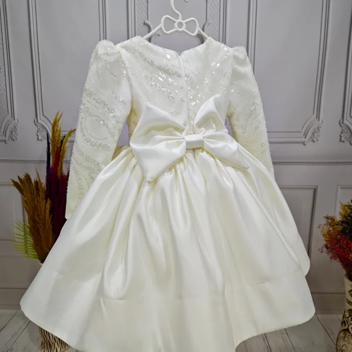 Krem Saten Uzun Kol Balon Kabarık Elbise Abiye Gelinlik