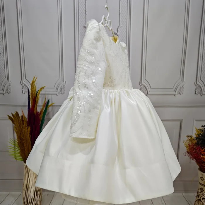 Krem Saten Uzun Kol Balon Kabarık Elbise Abiye Gelinlik