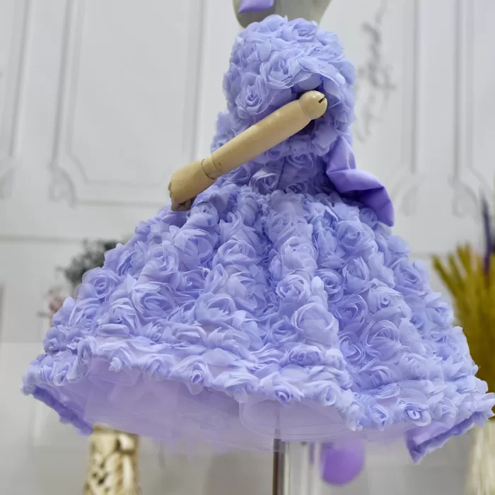 Kız Çocuk Lila Gül Desenli Kısa Balon Kol Kabarık Elbise