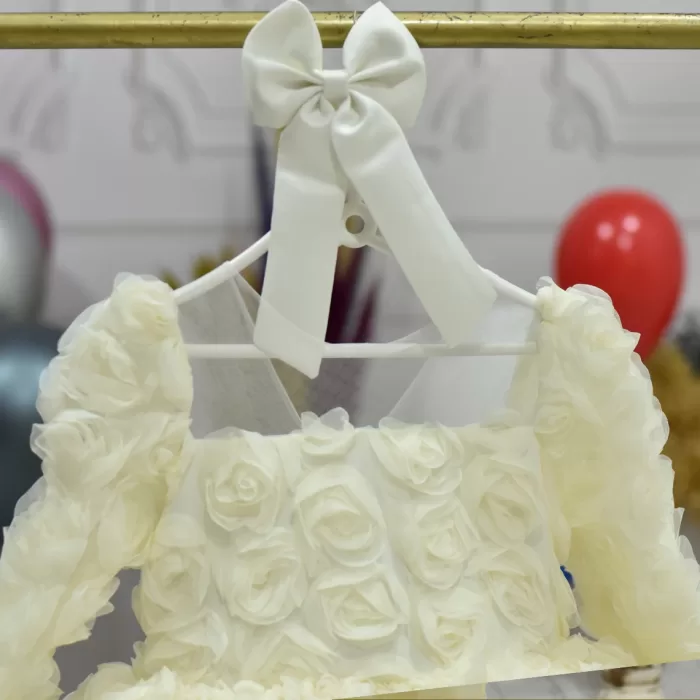 Kız Çocuk Krem Şeffaf Gül Desenli Kuyruklu Elbise Abiye