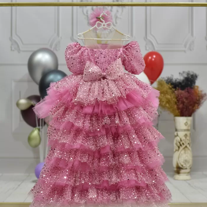 Kız Çocuk Pembe Boncuklu Payetli İşleme + Tak-Çkar KuyruK Abiye Elbise