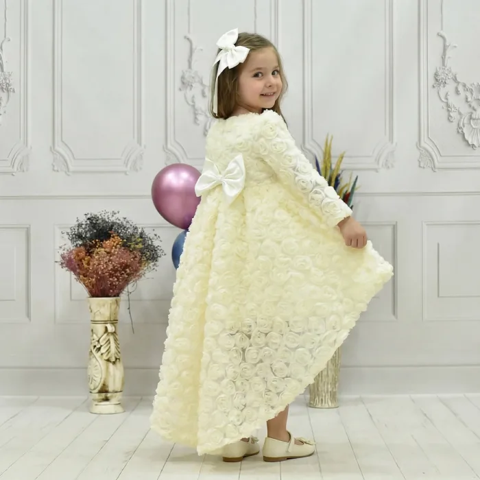 Kız Çocuk Krem Gül Desenli Kuyruklu Uzun Kol Elbise Abiye