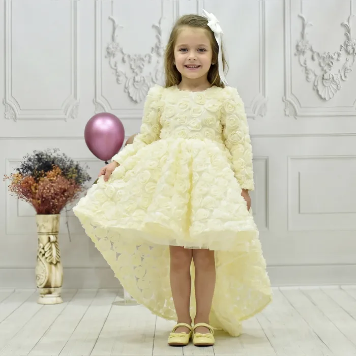 Kız Çocuk Krem Gül Desenli Kuyruklu Uzun Kol Elbise Abiye