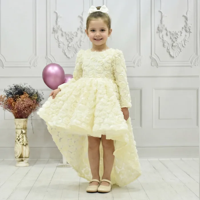 Kız Çocuk Krem Gül Desenli Kuyruklu Uzun Kol Elbise Abiye