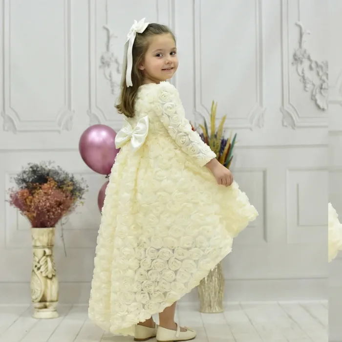 Kız Çocuk Krem Gül Desenli Kuyruklu Uzun Kol Elbise Abiye