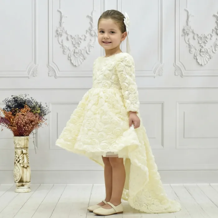 Kız Çocuk Krem Gül Desenli Kuyruklu Uzun Kol Elbise Abiye