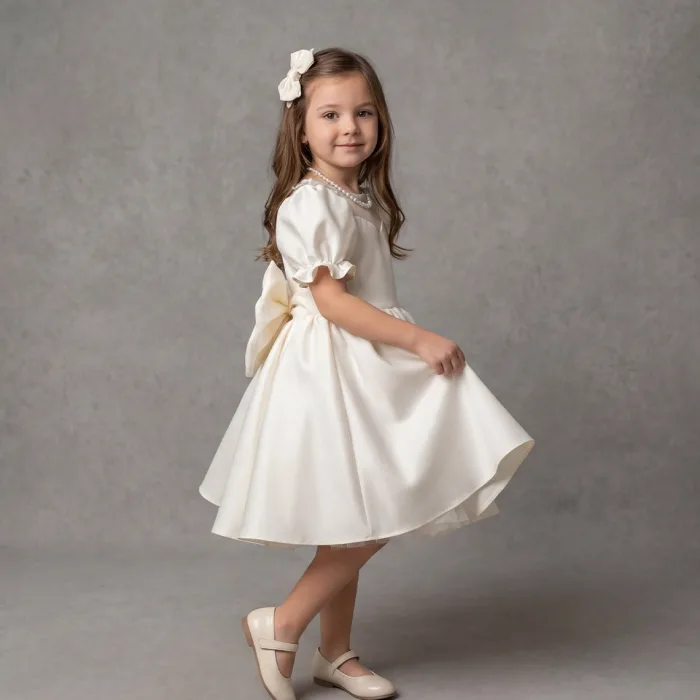 Kız Çocuk Krem incili Detaylı Prenses Kabarık Elbise
