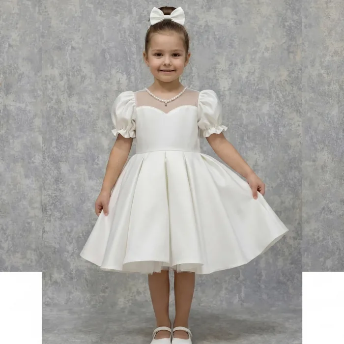 Kız Çocuk Krem incili Detaylı Prenses Kabarık Elbise