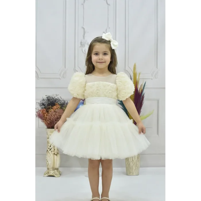 Kız Çocuk Krem Kabarık Gül Desenli Tül Etek şeffaf Kısa Balon Kol Elbise