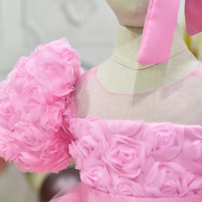 Kız Çocuk Pembe Kabarık Gül Desenli Tül Etek şeffaf Kısa Balon Kol Elbise