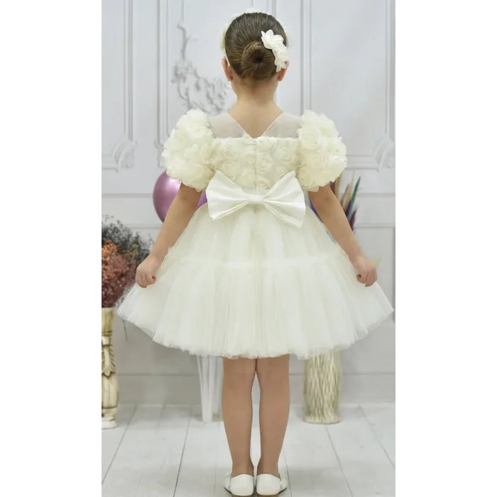 Kız Çocuk Krem Kabarık Gül Desenli Tül Etek şeffaf Kısa Balon Kol Elbise