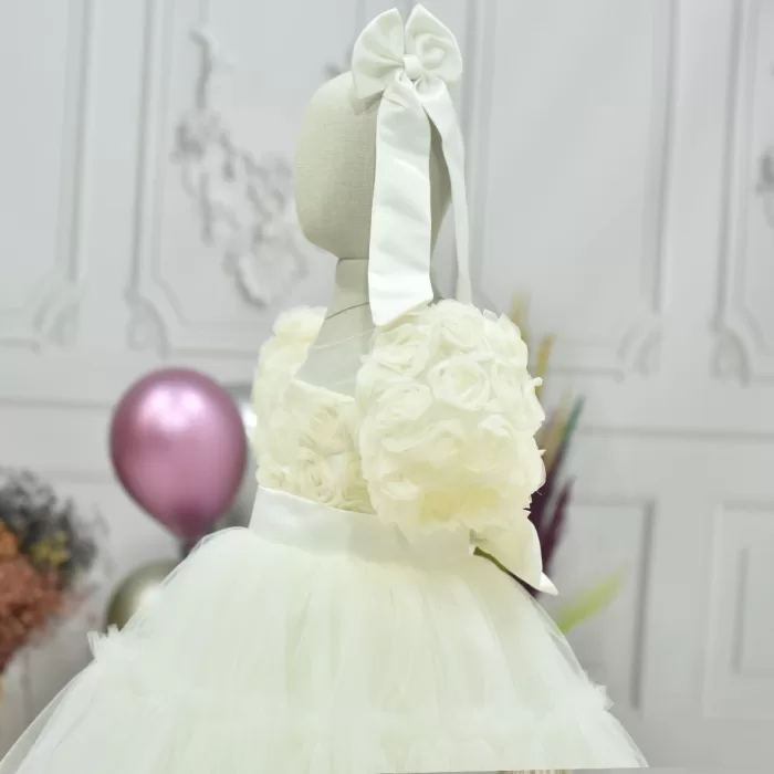 Kız Çocuk Krem Kabarık Gül Desenli Tül Etek şeffaf Kısa Balon Kol Elbise