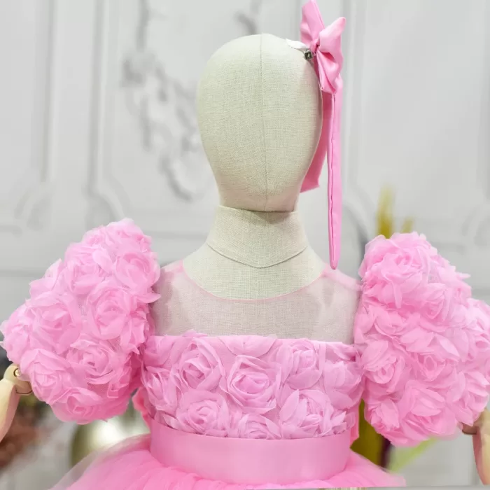 Kız Çocuk Pembe Kabarık Gül Desenli Tül Etek şeffaf Kısa Balon Kol Elbise