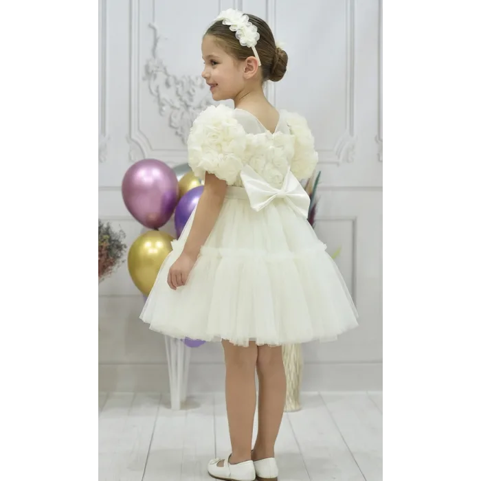 Kız Çocuk Krem Kabarık Gül Desenli Tül Etek şeffaf Kısa Balon Kol Elbise