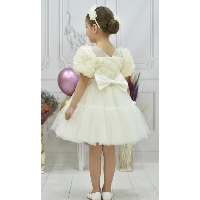 Kız Çocuk Krem Kabarık Gül Desenli Tül Etek şeffaf Kısa Balon Kol Elbise