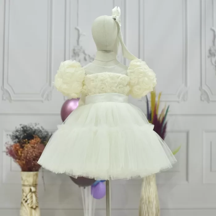 Kız Çocuk Krem Kabarık Gül Desenli Tül Etek şeffaf Kısa Balon Kol Elbise