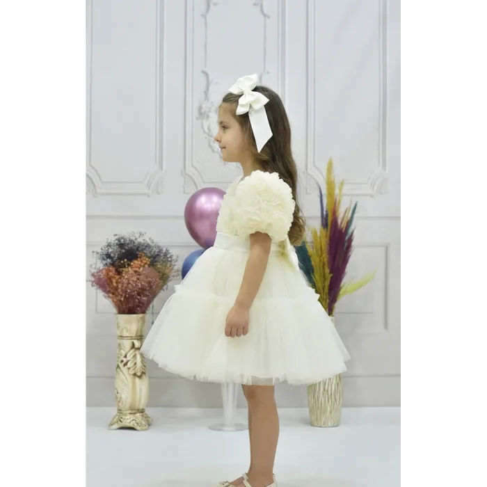Kız Çocuk Krem Kabarık Gül Desenli Tül Etek şeffaf Kısa Balon Kol Elbise