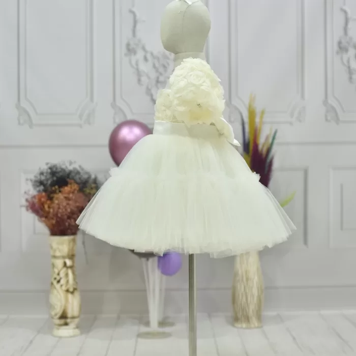 Kız Çocuk Krem Kabarık Gül Desenli Tül Etek şeffaf Kısa Balon Kol Elbise
