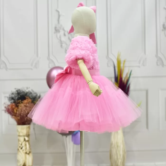 Kız Çocuk Pembe Kabarık Gül Desenli Tül Etek şeffaf Kısa Balon Kol Elbise
