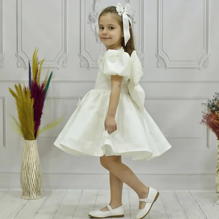 Kız Çocuk Krem Kelebekli 3D Kısa Balon Üstü şeffaf Kol Kabarık Elbise