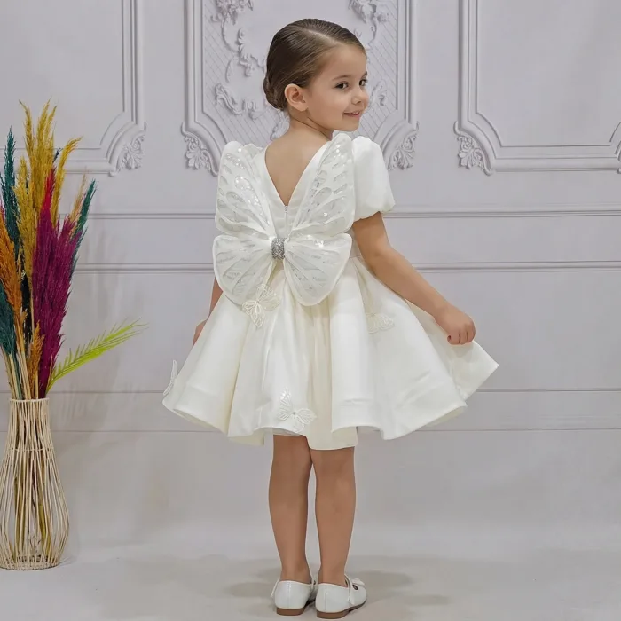 Kız Çocuk Krem Kelebekli 3D Kısa Balon Üstü şeffaf Kol Kabarık Elbise