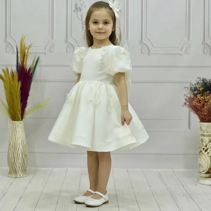 Kız Çocuk Krem Kelebekli 3D Kısa Balon Üstü şeffaf Kol Kabarık Elbise