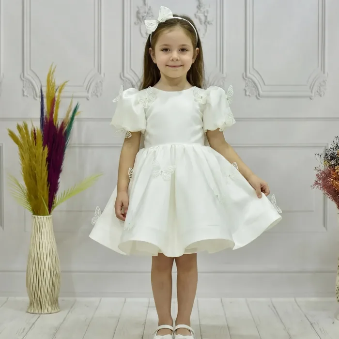 Kız Çocuk Krem Kelebekli 3D Kısa Balon Üstü şeffaf Kol Kabarık Elbise