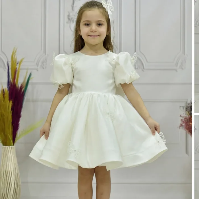 Kız Çocuk Krem Kelebekli 3D Kısa Balon Üstü şeffaf Kol Kabarık Elbise