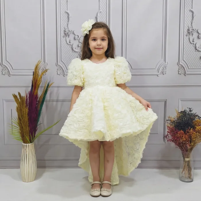 Kız Çocuk Krem Kuyruklu Gül Desenli Arkası V Kısa Balon Kol Elbise Abiye Elbise Gelinlik