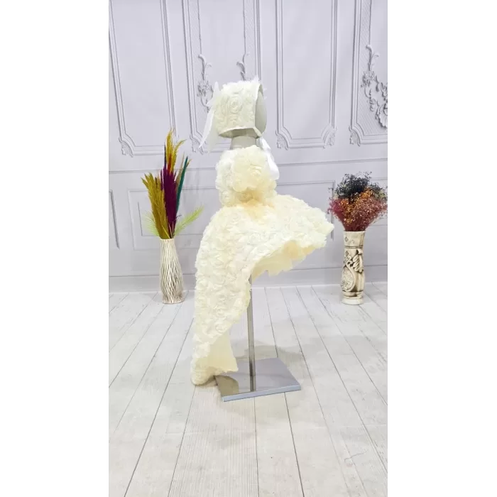 Kız Çocuk Krem Kuyruklu Gül Desenli Kapalı Yaaka Kısa Kol Elbise Abiye Elbise Gelinlik