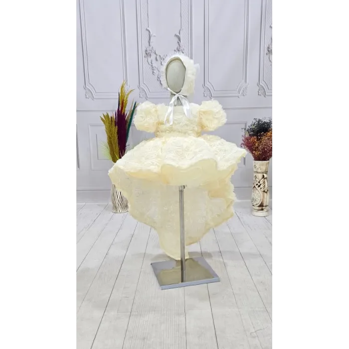 Kız Çocuk Krem Kuyruklu Gül Desenli Kapalı Yaaka Kısa Kol Elbise Abiye Elbise Gelinlik