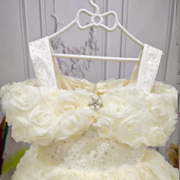 Krem Gül Desenli  + Ayakkabı seti Kısa Kol Elbise Abiye Elbise Gelinlik