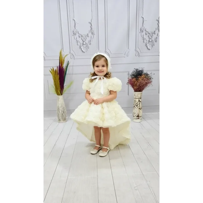 Kız Çocuk Krem Kuyruklu Gül Desenli Kapalı Yaaka Kısa Kol Elbise Abiye Elbise Gelinlik